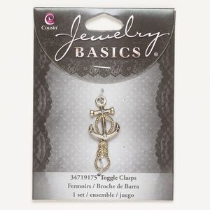 Clasp toggle 1pkg1, 18x16mm anchor, gold-finished brass / clear glass 1-strand