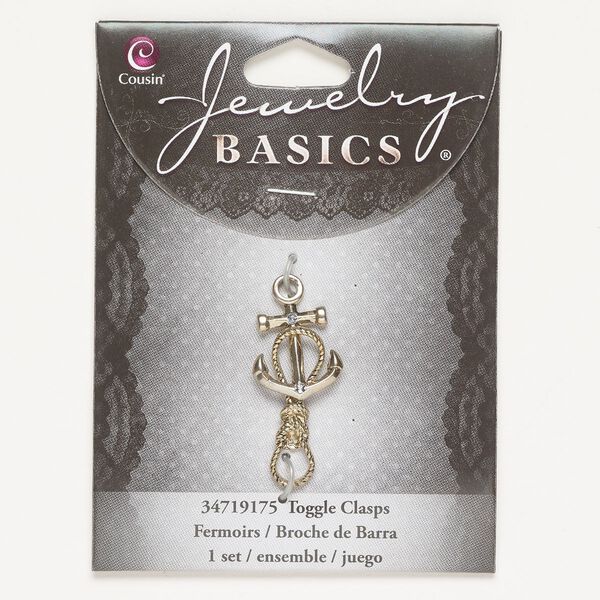 Clasp, toggle, brass and glass, pkg/1, 18x16mm anchor, gold finish and clear. image number 0