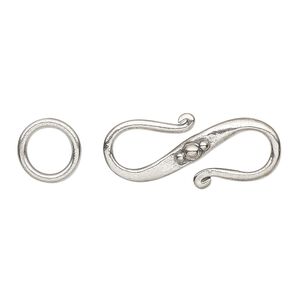 Clasp S-hook 1pkg1 sterling silver, 26x10mm / 10mm 15 gauge closed jump ring, antiqued 1-strand