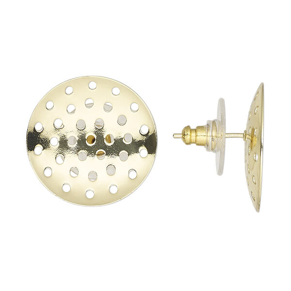 Earstud, acrylic and gold-finished brass, clear, 20mm perforated disk. Sold per pkg of 5 pairs. image number 0