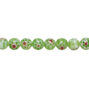 Bead, millefiori glass 1pkg1, translucent green and multicolored, 6mm round, 15 inches.