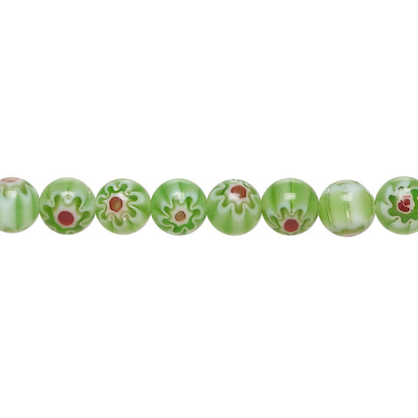 Bead, millefiori glass 1pkg1, translucent green and multicolored, 6mm round, 15 inches. image number 0