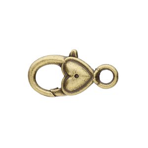 Clasp, lobster claw, antique brass-plated "pewter" (zinc-based alloy), 21x12.5mm with double-sided smooth heart design. Sold per pkg of 6.