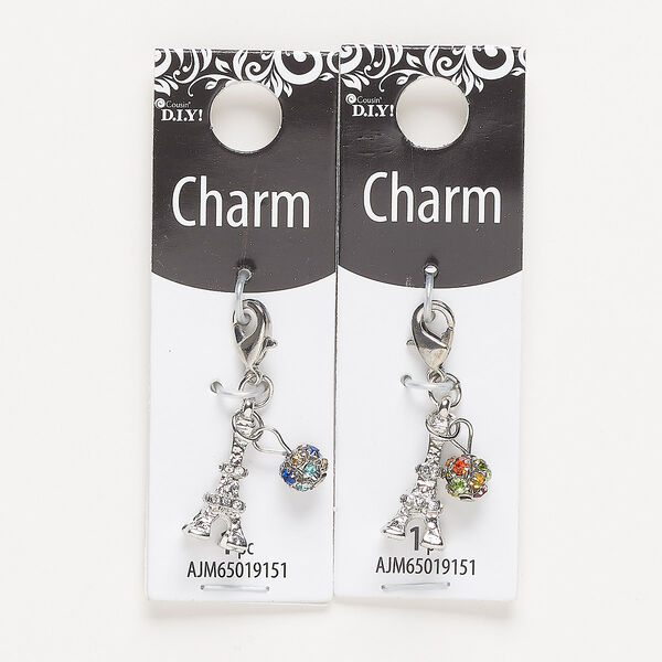 Charm, silver-finished "pewter" (zinc-based alloy) / steel / glass, multicolored, 18x9mm 3D Eiffel tower with 6mm ball and lobster claw clasp. Sold per pkg of 2. image number 0