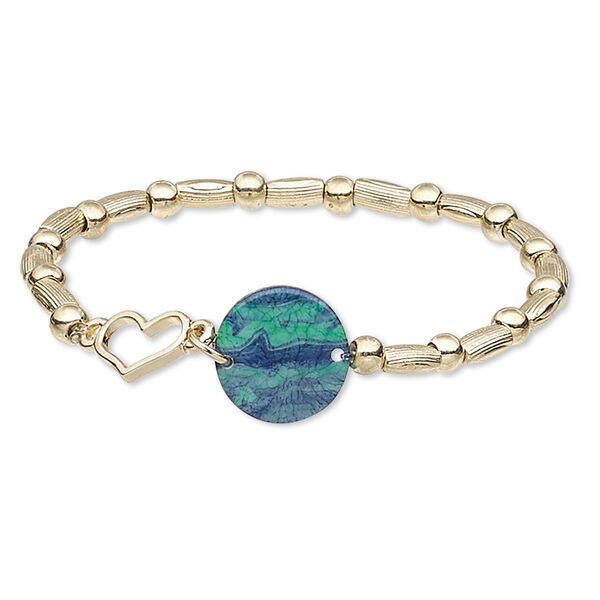Bracelet, stretch, resin / gold-coated plastic / gold-finished "pewter" (zinc-based alloy), gold / blue / green, 17mm wide, 6-1/2 inches. Sold individually. image number 0