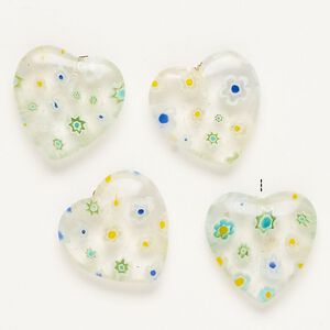 Bead, millefiori glass, clear and multicolored, 19-20mm half-drilled puffed heart. Sold per pkg of 4.