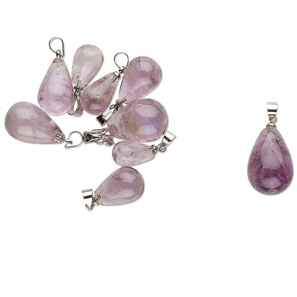 Pendant mix, imitation rhodium-finished pewter (tin-based alloy) and amethyst (natural), 20x7mm-29x14mm teardrop. Sold per pkg of 10. image number 0
