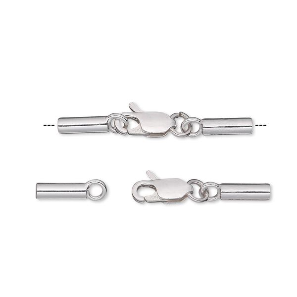 Clasp, lobster claw, sterling silver, 30x5mm with 9x5mm and 8x2.5mm glue-in cord ends, 2mm inside diameter. Sold per pkg of 10. image number 0