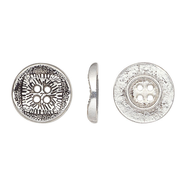 Button, antiqued silver-finished "pewter" (zinc-based alloy), 15mm single-sided wavy flat round with textured square design. Sold per pkg of 20. image number 0