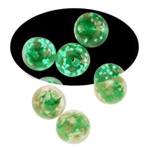 Bead, lampworked glass, clear / green / glow-in-the-dark / gold, 10mm round. Sold per pkg of 6.