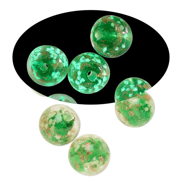 Bead, lampworked glass, clear / green / glow-in-the-dark / gold, 10mm round. Sold per pkg of 6. image number 0