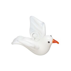 Drop, lampworked glass, opaque white / orange / black, 33x25mm 3D dove. Sold individually.