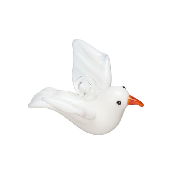 Drop, lampworked glass, opaque white / orange / black, 33x25mm 3D dove. Sold individually. image number 0