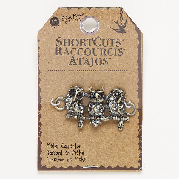 Focal, antique brass-plated "pewter" (zinc-based alloy) / enamel / glass, clear and black, 36x25mm owls. Sold individually. image number 0