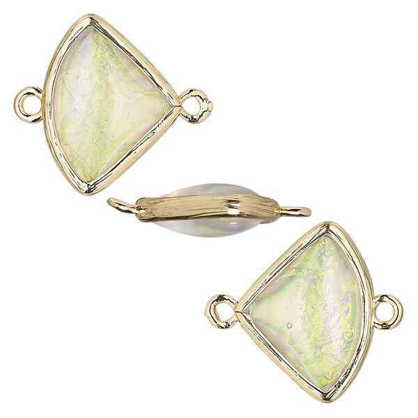 Link, Opalized Ice™, "opal" (resin) and gold-finished brass, white, 19x15mm double-sided fan. Sold per pkg of 4. image number 0
