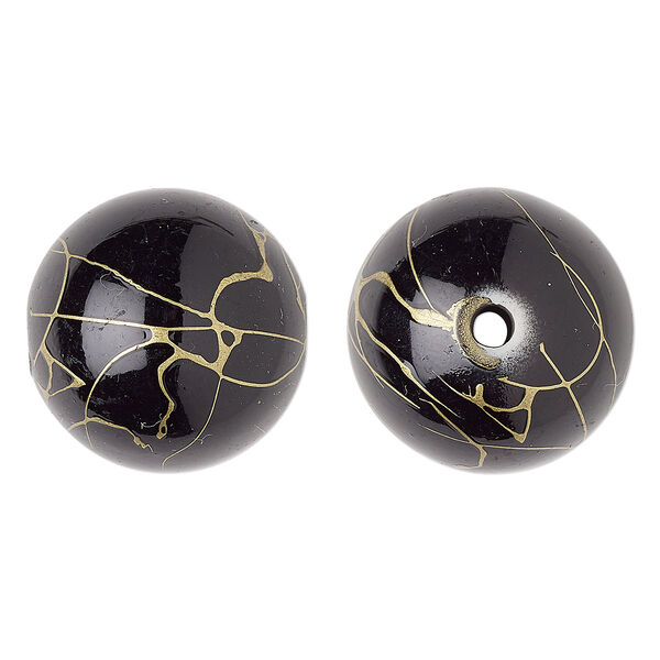 Bead, acrylic, black and gold, 26mm round with swirls. Sold per pkg of 10. image number 0