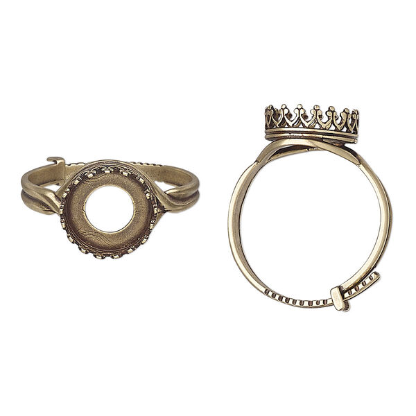 Ring, JBB Findings, antiqued brass, 12mm wide with decorative trim and 10mm round bezel setting, adjustable from size 8-11. Sold individually. image number 0