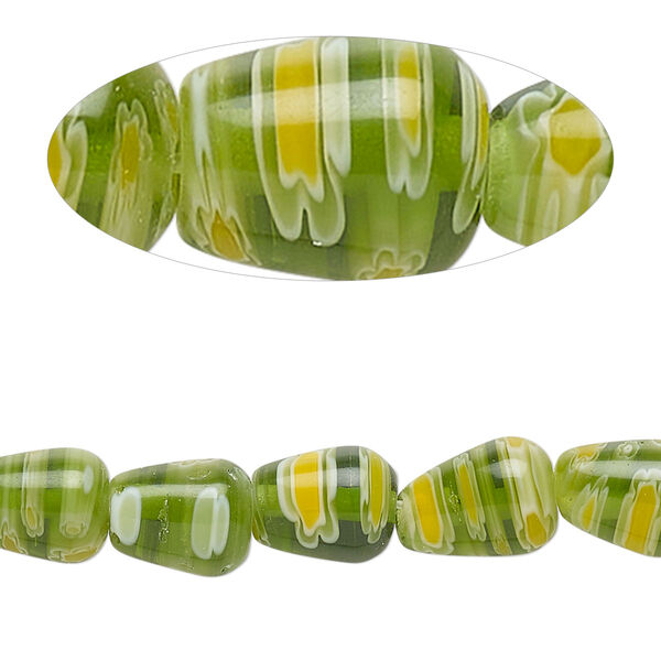 Bead, millefiori glass, translucent green / white / golden yellow, 9x7mm-11x8mm teardrop. Sold per 14-inch strand. image number 0