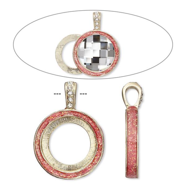 Pendant, Almost Instant Jewelry®, epoxy / crystals / gold-finished "pewter" (zinc-based alloy), rose pink and crystal clear with glitter, 33x24mm single-sided with 20mm round setting. Sold individually. image number 0