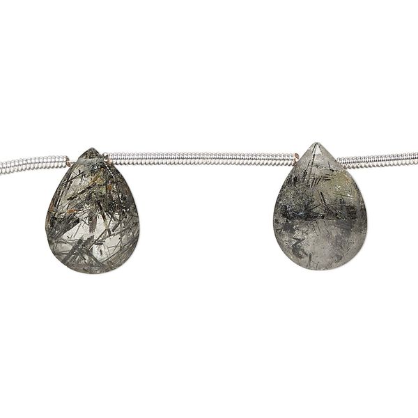Bead, tourmalinated quartz (natural), 12x8mm-14x11mm hand-cut top-drilled faceted puffed teardrop, B grade, Mohs hardness 7. Sold per pkg of 7. image number 0