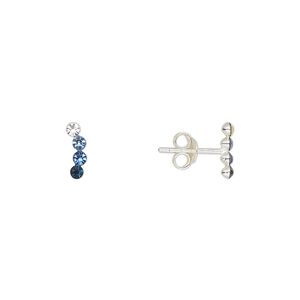 Earstud sterling silver / Preciosa crystal 1pkg2, 8.5x2.5mm right- and left-facing curved bar / earnuts included, Create Compliments® multicolored 1 pair