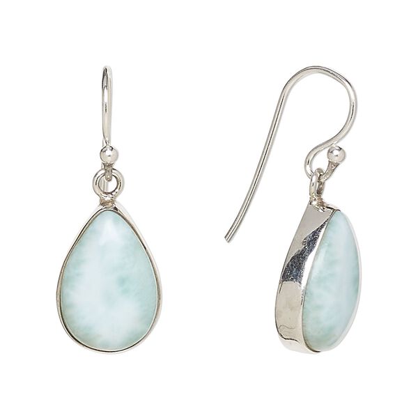 Earring, larimar (natural) and sterling silver, 32mm with teardrop and fishhook ear wire, 21 gauge. Sold per pair. image number 0
