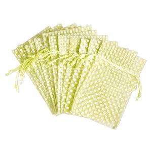 Pouch, organza, lime green and white, 6x4 inches with dots pattern and drawstring closure. Sold per pkg of 12.
