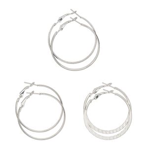 Earring, Everyday Jewelry, nickel-finished steel, 40mm hoop with smooth / textured / faceted designs, latch-back closure. Sold per pkg of 3 pairs.