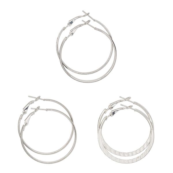 Earring, Everyday Jewelry, nickel-finished steel, 40mm hoop with smooth / textured / faceted designs, latch-back closure. Sold per pkg of 3 pairs. image number 0
