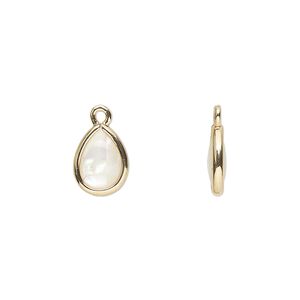 Drop, mother-of-pearl shell and gold-finished brass (assembled), 10.5x7mm-11.5x8mm double-sided teardrop. Sold per pkg of 4.