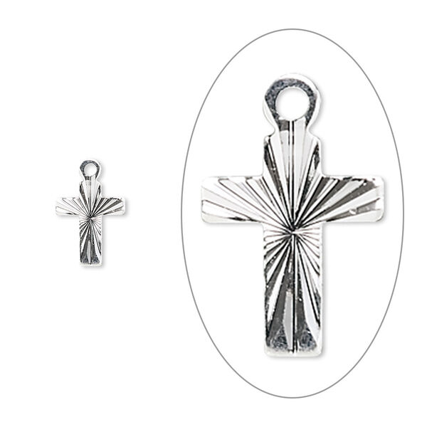 Drop, silver-plated brass, 9x7mm diamond-cut cross. Sold per pkg of 100. image number 0
