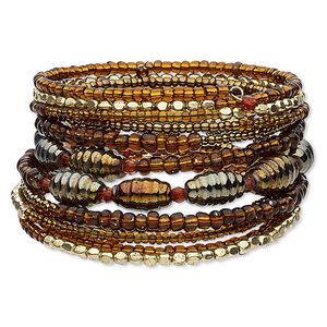 Bracelet, glass / gold-finished steel / gunmetal-plated steel memory wire, multicolored, 40mm wide, adjustable from 6-1/2 to 7 inches. Sold individually.