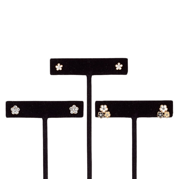 Earring, enamel / glass rhinestone / stainless steel / rose gold-finished steel / "pewter" (zinc-based alloy), assorted colors, 6x6mm flower / 7x7mm flower / 12x10mm triple flower with post. Sold per pkg of 3 pairs. image number 0