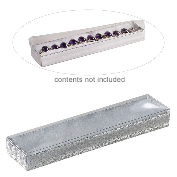 Box, plastic and paper, "cotton"-filled, silver and clear, 8-1/8 x 1-7/8 x 7/8 inch rectangle. Sold per pkg of 10. image number 0
