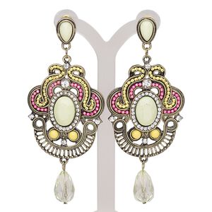 Earring, acrylic / glass rhinestone / enamel / stainless steel / antique gold-finished brass / steel / "pewter" (zinc-based alloy), multicolored, 3-1/2 inches with post. Sold per pair.
