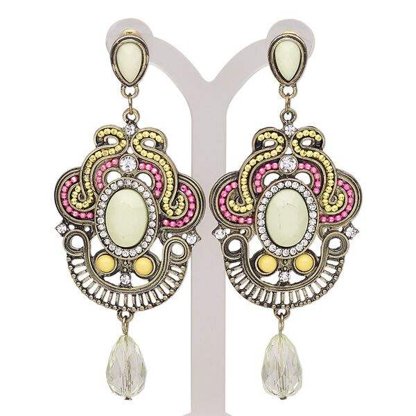 Earring, acrylic / glass rhinestone / enamel / stainless steel / antique gold-finished brass / steel / "pewter" (zinc-based alloy), multicolored, 3-1/2 inches with post. Sold per pair. image number 0