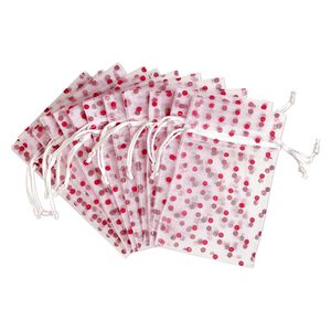 Pouch, flocked organza, white and red, 6x4 inches with dots pattern and drawstring closure. Sold per pkg of 12.