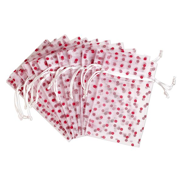 Pouch, flocked organza, white and red, 6x4 inches with dots pattern and drawstring closure. Sold per pkg of 12. image number 0