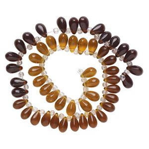 Bead, glass, transparent amber, brown and dark brown, 11x7mm top-drilled teardrop with irregular rondelles. Sold per 14-inch strand.