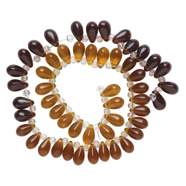 Bead, glass, transparent amber, brown and dark brown, 11x7mm top-drilled teardrop with irregular rondelles. Sold per 14-inch strand. image number 0