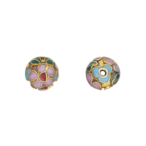 Bead, cloisonné, enamel and gold-finished copper, light blue and multicolored, 10mm round with flower design. Sold per pkg of 10. image number 0