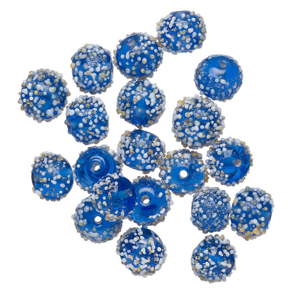 Bead, lampworked glass, translucent blue and white, 10mm bumpy round. Sold per pkg of 20. image number 0