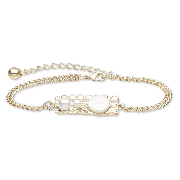 Bracelet, resin / plastic pearl / gold-finished steel / "pewter" (zinc-based alloy), white, 28x12mm freeform, 7 inches with 2-inch extender chain and lobster claw clasp. Sold individually. image number 0