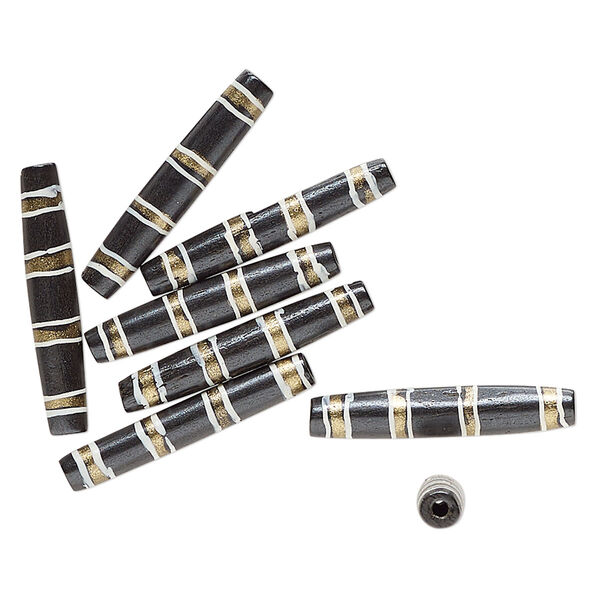 Bead, bone (dyed), black / white / gold, 36x7mm-35x6mm hand-painted tube with line design. Sold per pkg of 8. image number 0
