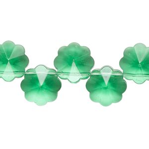 Bead, glass, translucent emerald green, 12mm top-drilled flower. Sold per 15-inch strand, approximately 40 beads.