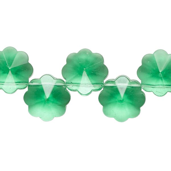Bead, glass, translucent emerald green, 12mm top-drilled flower. Sold per 15-inch strand, approximately 40 beads. image number 0