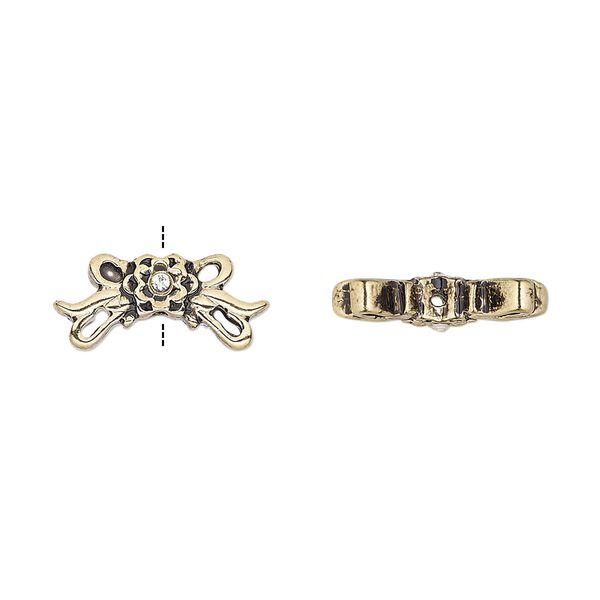 Bead, glass rhinestone and antique gold-finished "pewter" (zinc-based alloy), clear, 10x8mm flower with ribbon. Sold per pkg of 4. image number 0