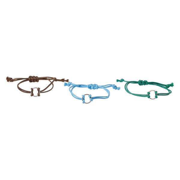 Bracelet, waxed cotton cord and silver-finished steel, brown / green / blue, 18mm wide with 18mm ring, adjustable from 6-10 inches with macramé knot closure. Sold per pkg of 3. image number 0