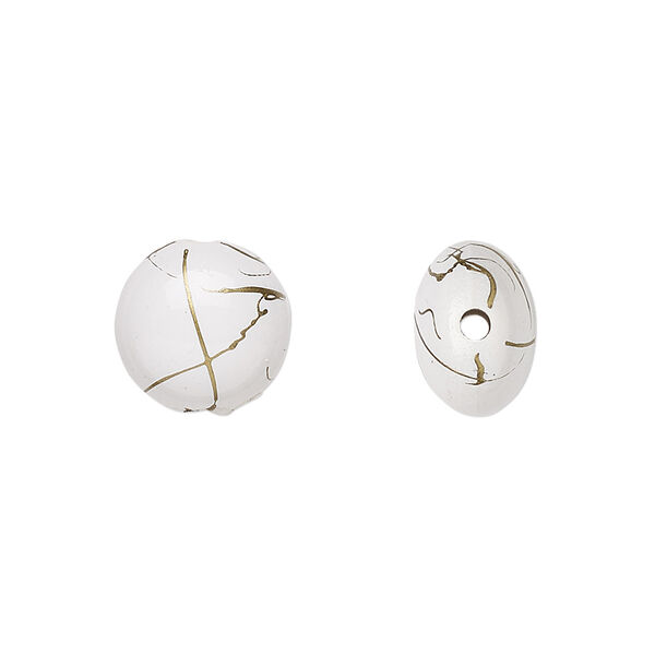 Bead, acrylic, white and gold, 12mm puffed flat round with swirls. Sold per pkg of 160. image number 0