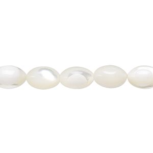 Bead, mother-of-pearl shell (bleached), white, 10x7mm oval, Mohs hardness 3-1/2. Sold per 15-1/2" to 16" strand.